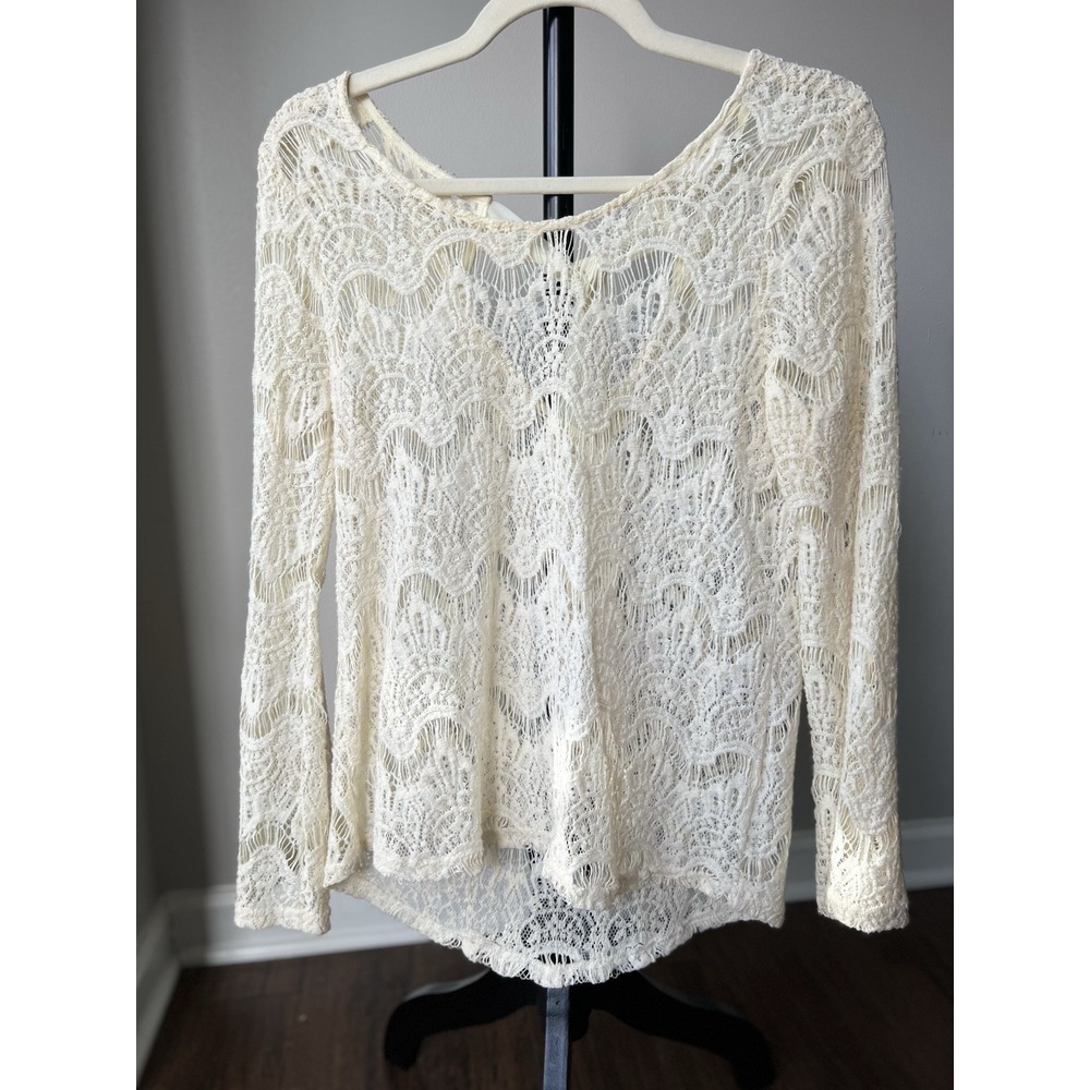 Ivory Crochet Boho Hippie Overlay Top With Bell Sleeves & Ribbon Women's Size L